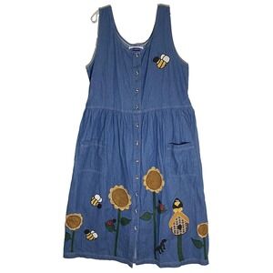 Blue Diamond Dress Womens XL Blue Denim Teacher Fun Sunflower Bee Granny Cottage